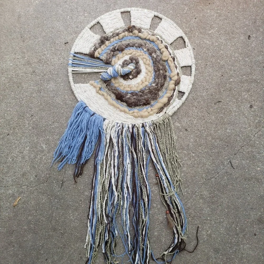 Vintage 1980s Woven‎ Wool Fiber Art Dream Catcher Wall Hanging